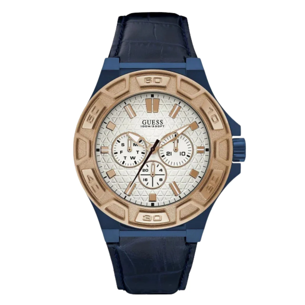 Guess Force Blue Leather Strap White Dial Quartz Watch for Gents - W0674G7