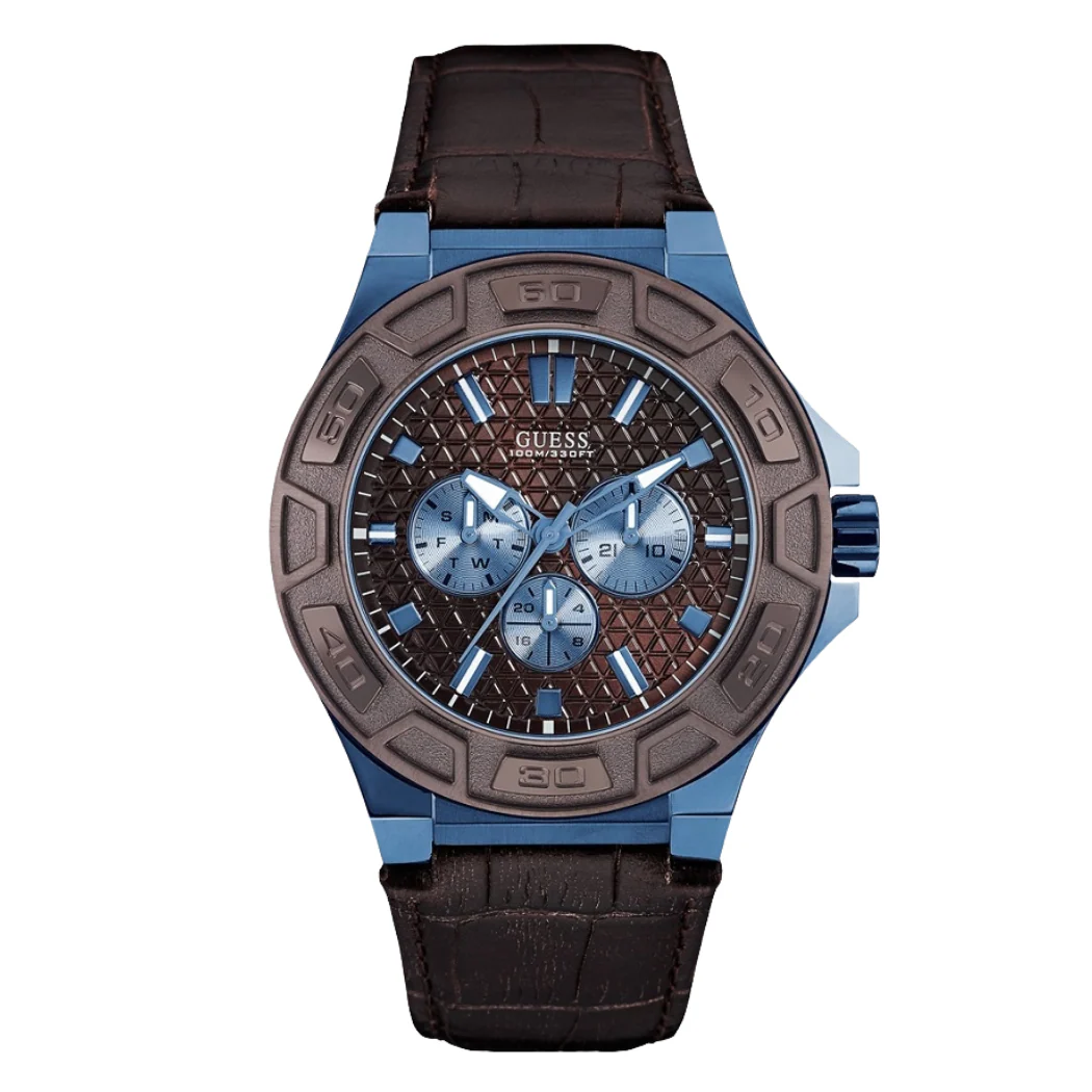 Guess Force Brown Leather Strap Brown Dial Quartz Watch for Gents - W0674G5