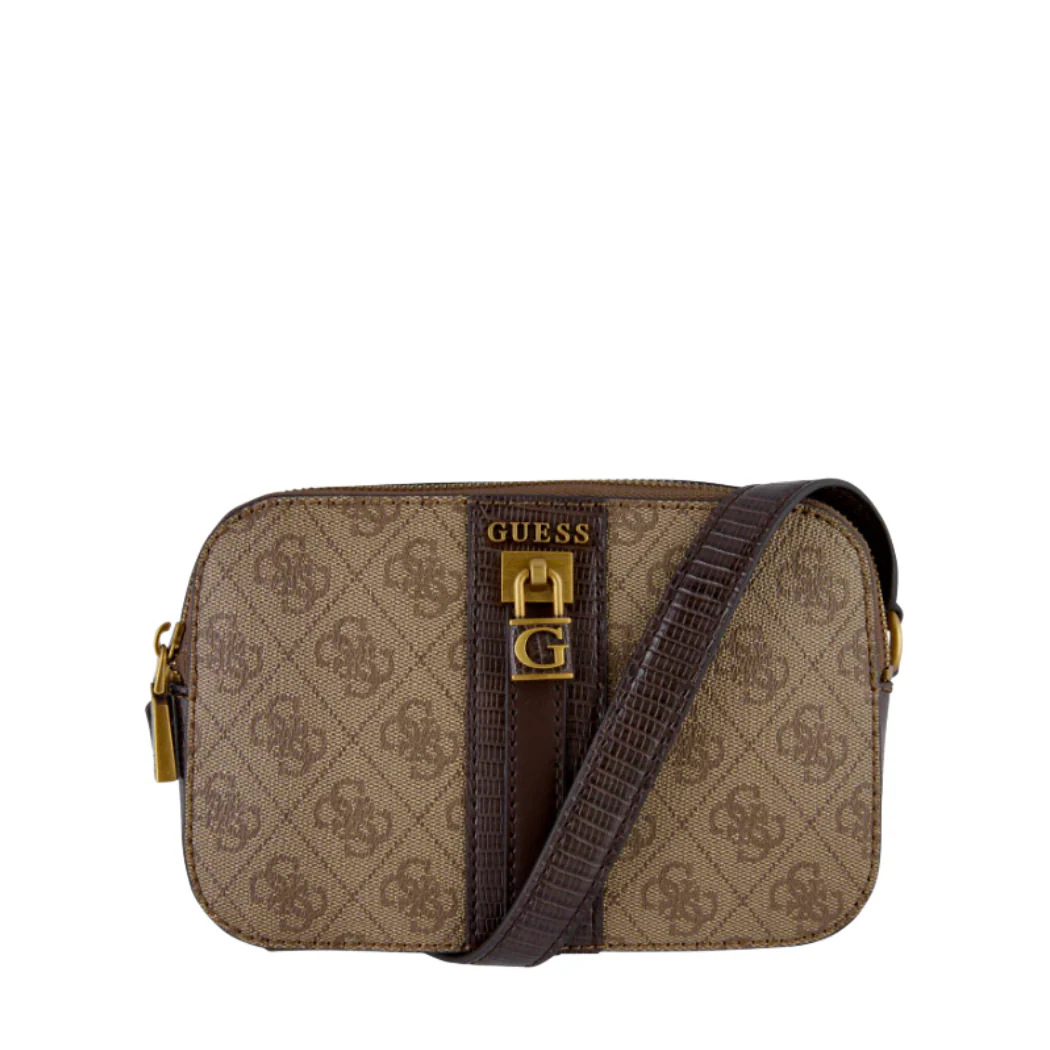 Guess Ginevra Logo Camera Crossbody Brown Leather Bag