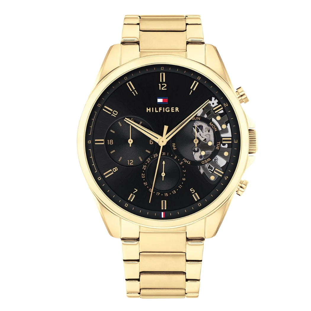 Tommy Hilfiger Gold Stainless Steel Black Dial Chronograph Quartz Watch for Gents - 1710447