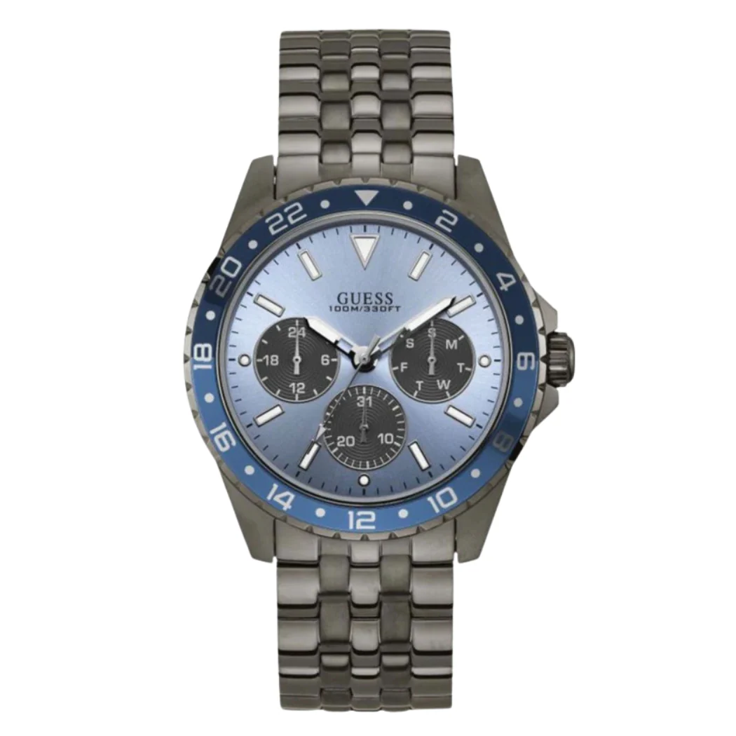 Guess Odyssey Gunmetal Stainless Steel Blue Dial Quartz Watch for Gents - W1107G5