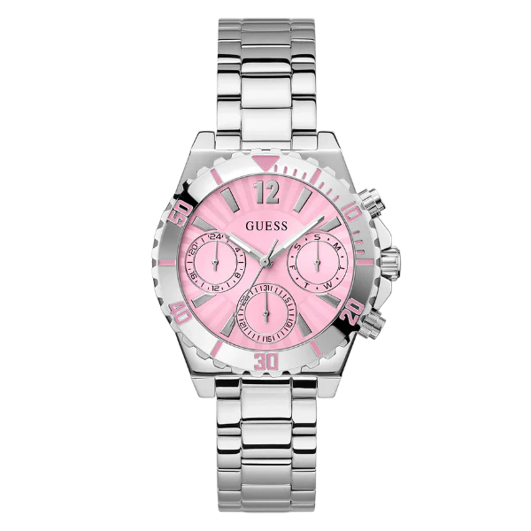 Guess Phoebe Silver Stainless Steel Pink Dial Chronograph Quartz Watch for Ladies - GW0696L1