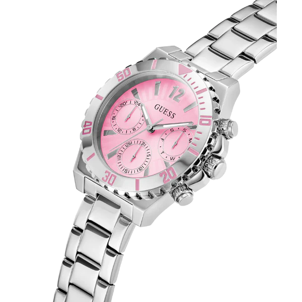 Guess Phoebe Silver Stainless Steel Pink Dial Chronograph Quartz Watch for Ladies - GW0696L1 - Image 2