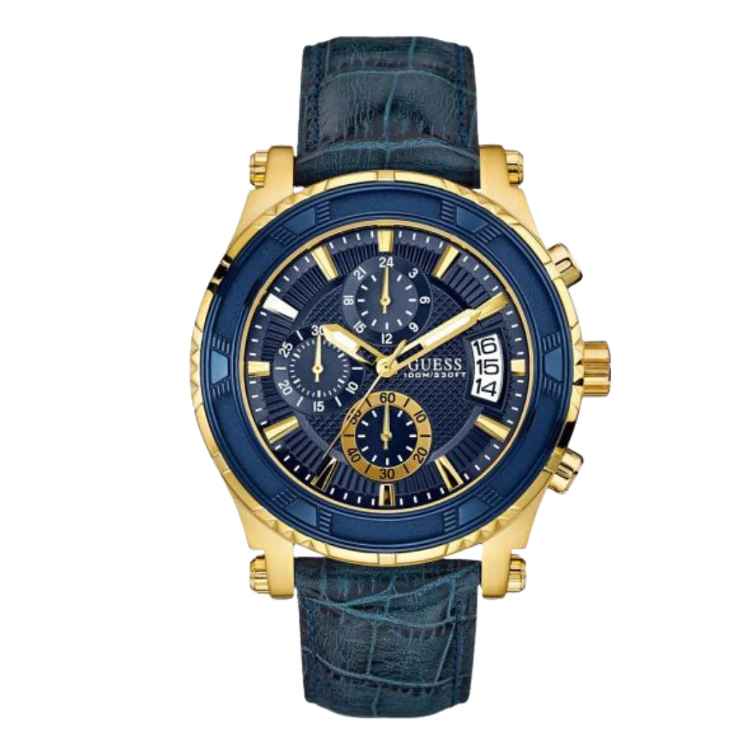 Guess Pinnacle Blue Leather Strap Blue Dial Chronograph Quartz Watch for Gents - W0673G2