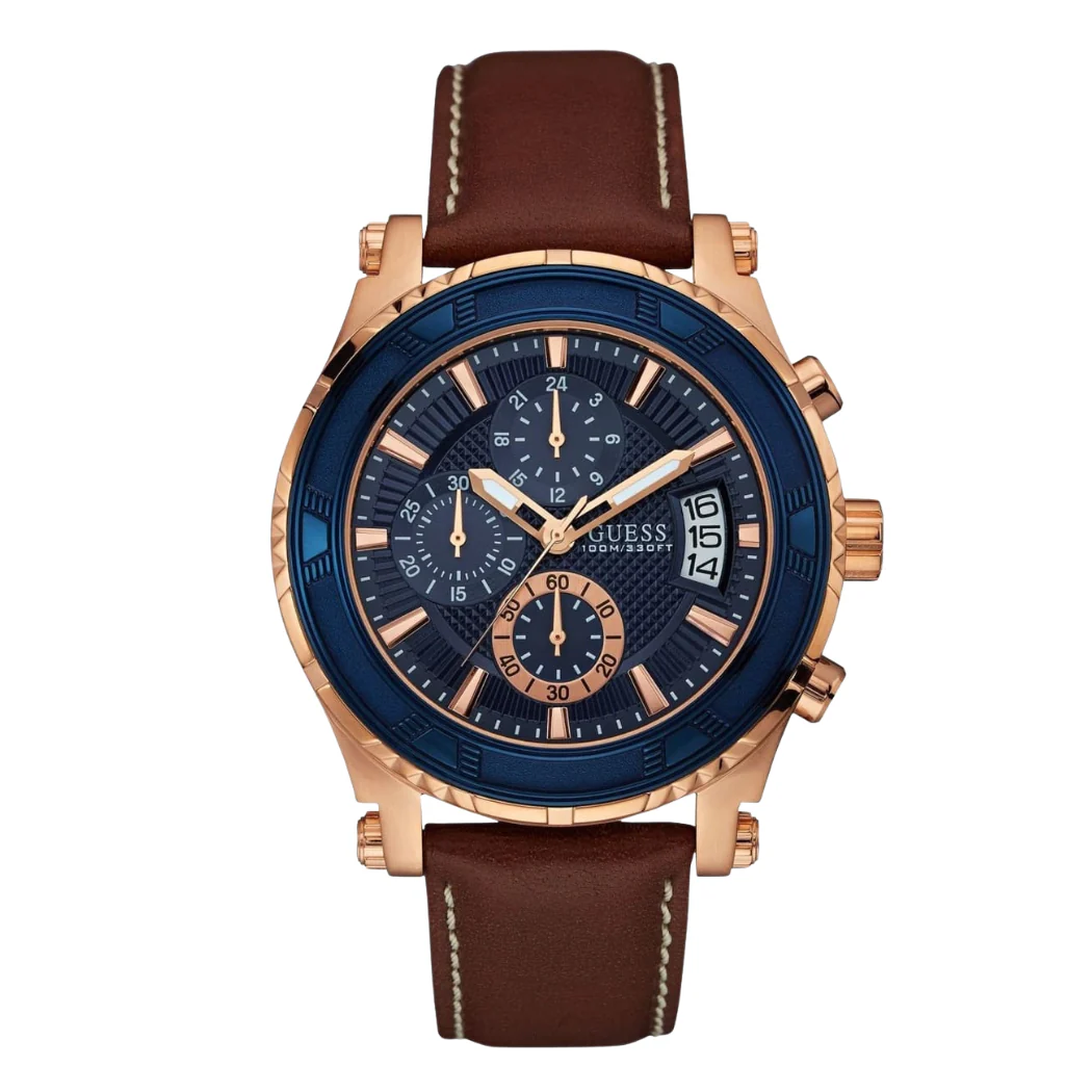 Guess Pinnacle Brown Leather Strap Blue Dial Chronograph Quartz Watch for Gents - W0673G3