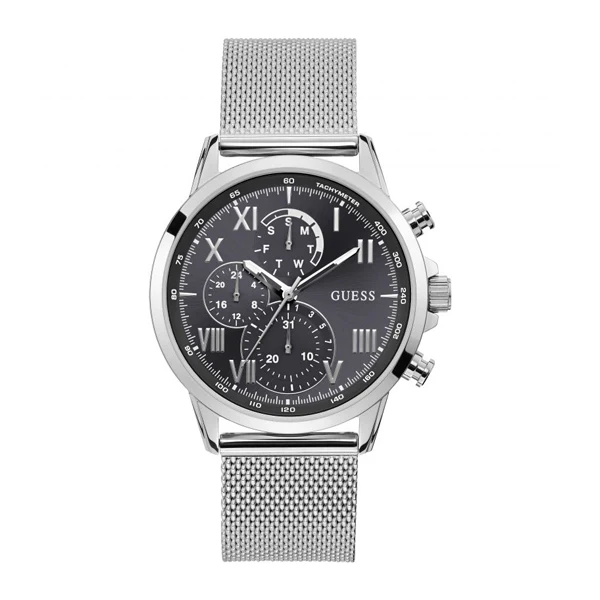 Guess Porter Silver Mesh Bracelet Black Dial Chronograph Quartz Watch for Gents - W1310G1