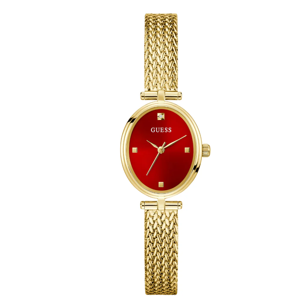Guess Ruby Gold Mesh Bracelet Red Dial Quartz Watch for Ladies - G0935L4