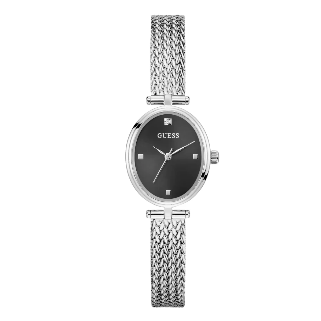 Guess Ruby Silver Mesh Bracelet Black Dial Quartz Watch for Ladies - G0935L1