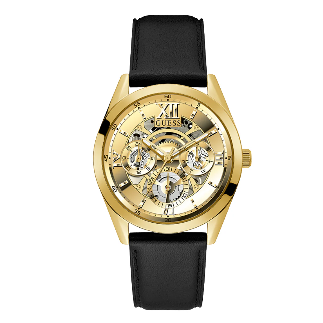 Guess Tailor Black Leather Strap Gold Dial Quartz Watch for Gents - GW0389G2