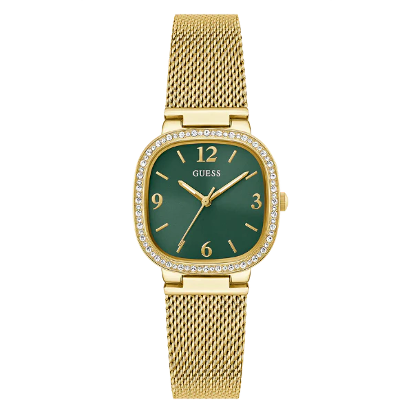 Guess Tapestry Gold Mesh Bracelet Green Dial Quartz Watch for Ladies - GW0354L5