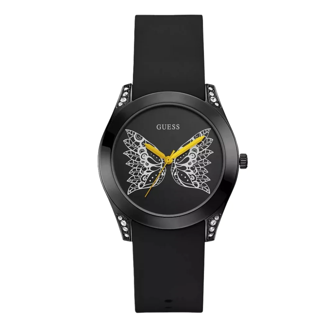Guess Time to Give Black Silicone Strap Black Dial Quartz Watch for Ladies - W0023L10