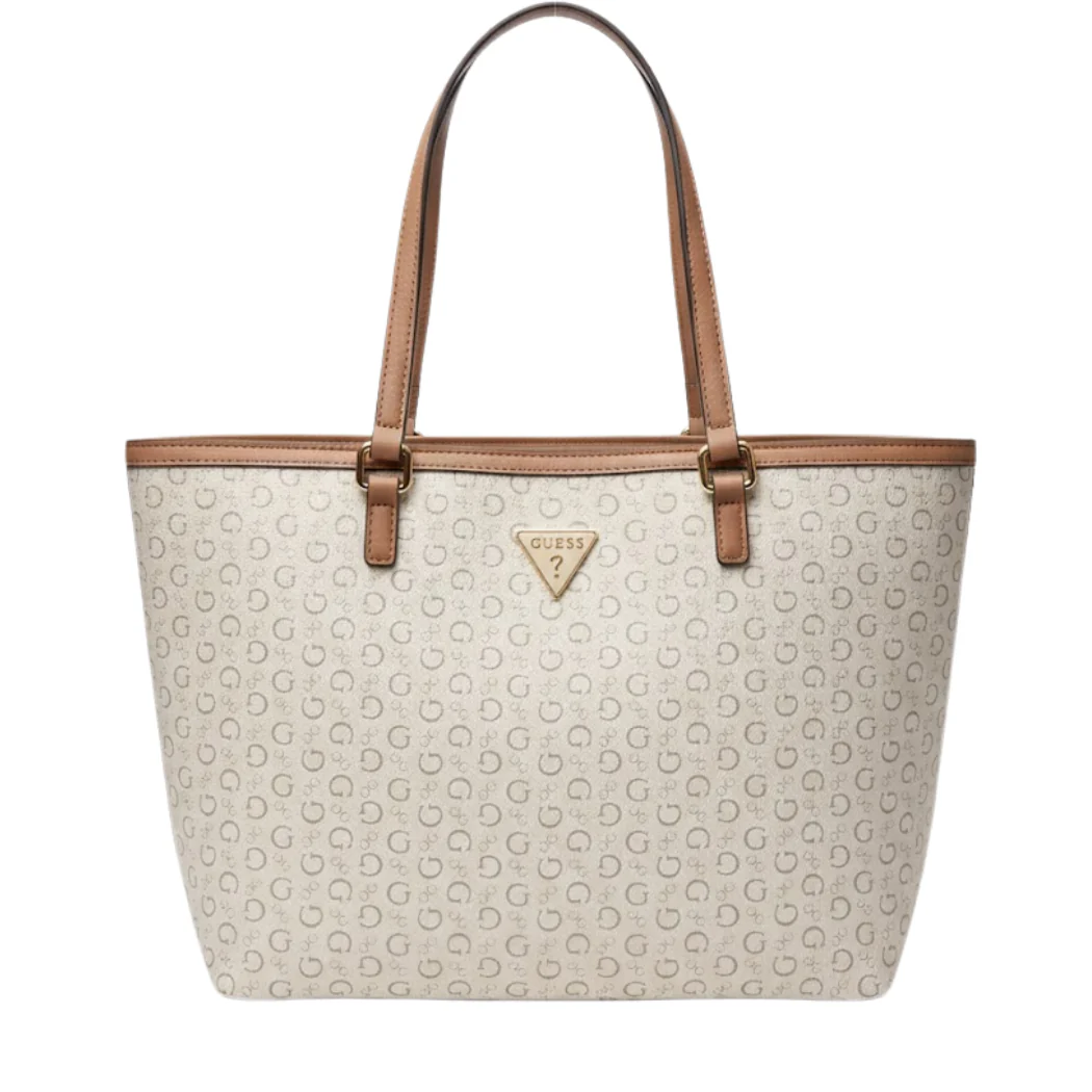 Guess Tote Bag Brown/White Logo Print Faux Leather (Style Tote Bag)