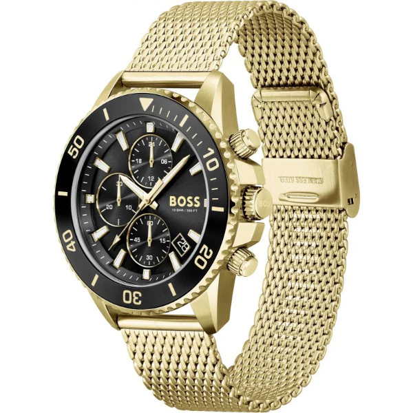 HUGO BOSS Admiral Gold Mesh Bracelet Black Dial Chronograph Quartz Watch for Gents - 1513906 - Image 2