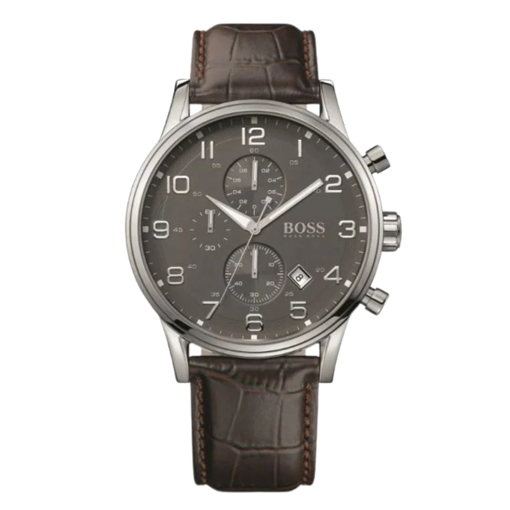 HUGO BOSS Aeroliner Brown Leather Strap Grey Dial Chronograph Quartz Watch for Gents - HUGO BOSS 1512570