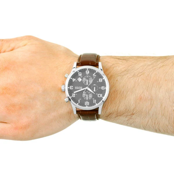 HUGO BOSS Aeroliner Brown Leather Strap Grey Dial Chronograph Quartz Watch for Gents - HUGO BOSS 1512570 - Image 2