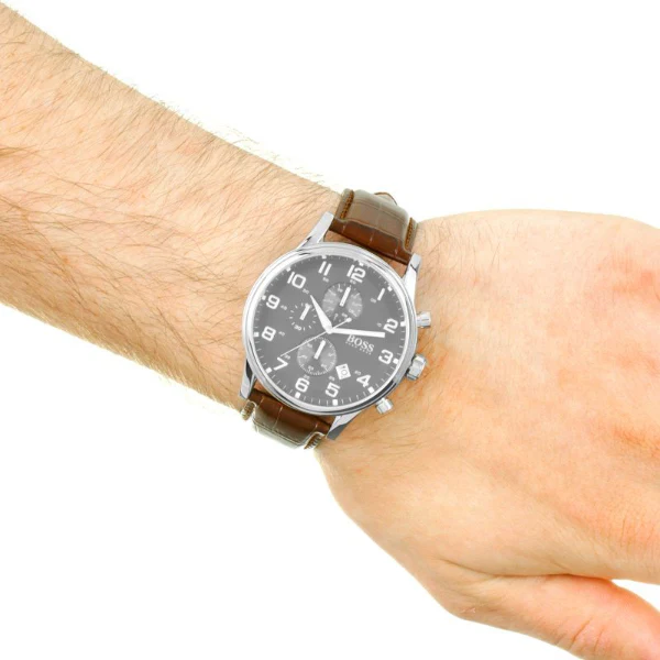HUGO BOSS Aeroliner Brown Leather Strap Grey Dial Chronograph Quartz Watch for Gents - HUGO BOSS 1512570 - Image 4