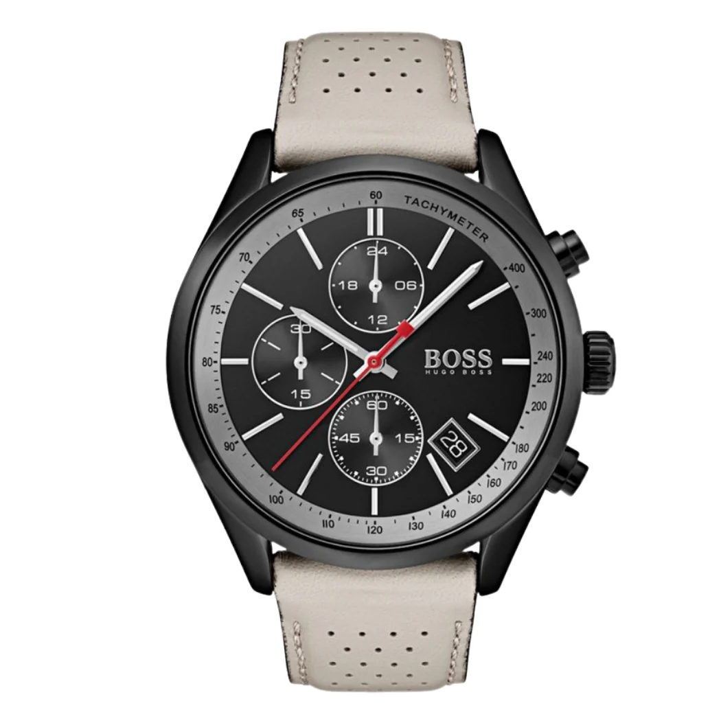 Hugo Boss Beige Leather Strap Black Dial Chronograph Quartz Watch for Gents - Hugo Boss 1513562