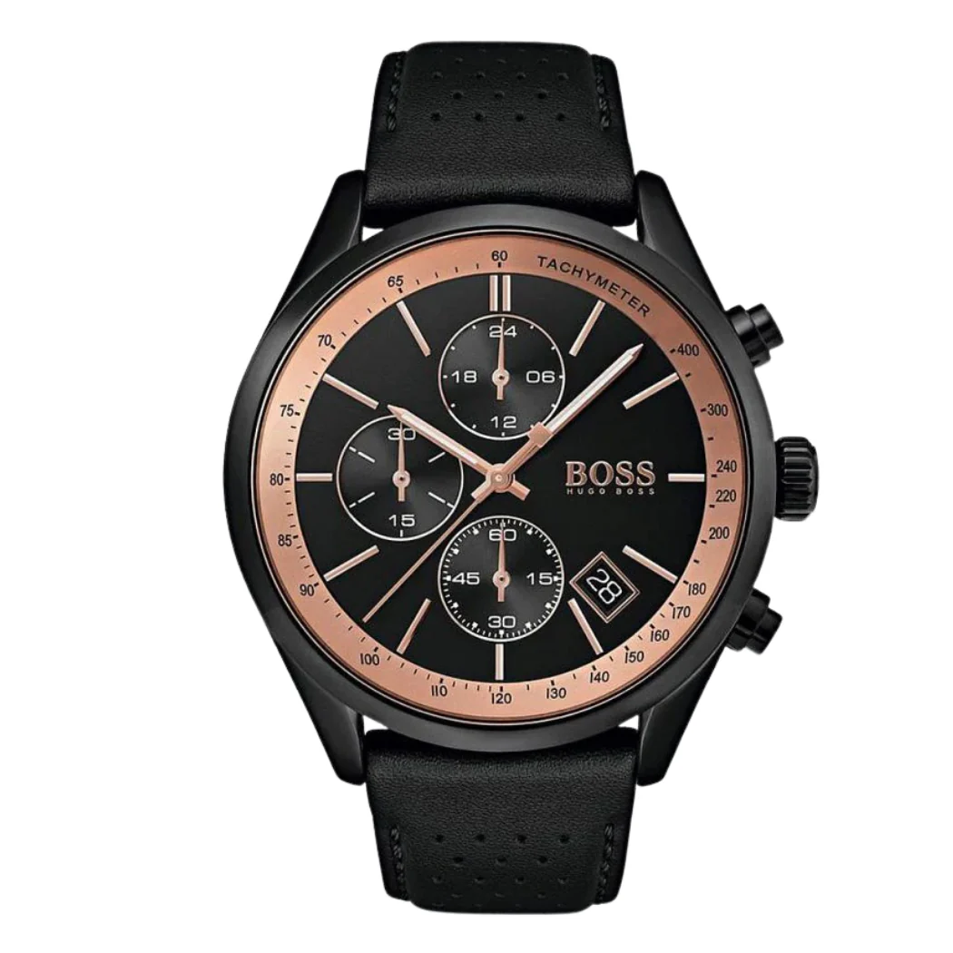 Hugo Boss Black Leather Strap Black Dial Chronograph Quartz Watch for Gents - Hugo Boss 1513550