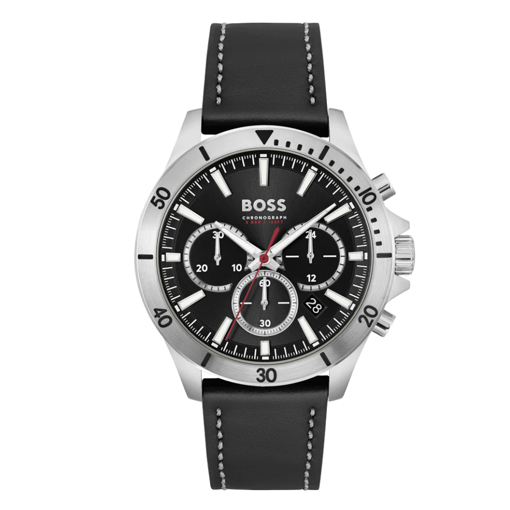 Hugo Boss Black Leather Strap Black Dial Chronograph Quartz Watch for Gents - Hugo Boss 1514055