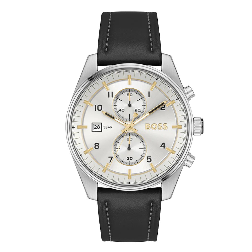 Hugo Boss Black Leather Strap Silver Dial Chronograph Quartz Watch for Gents - Hugo Boss 1514147