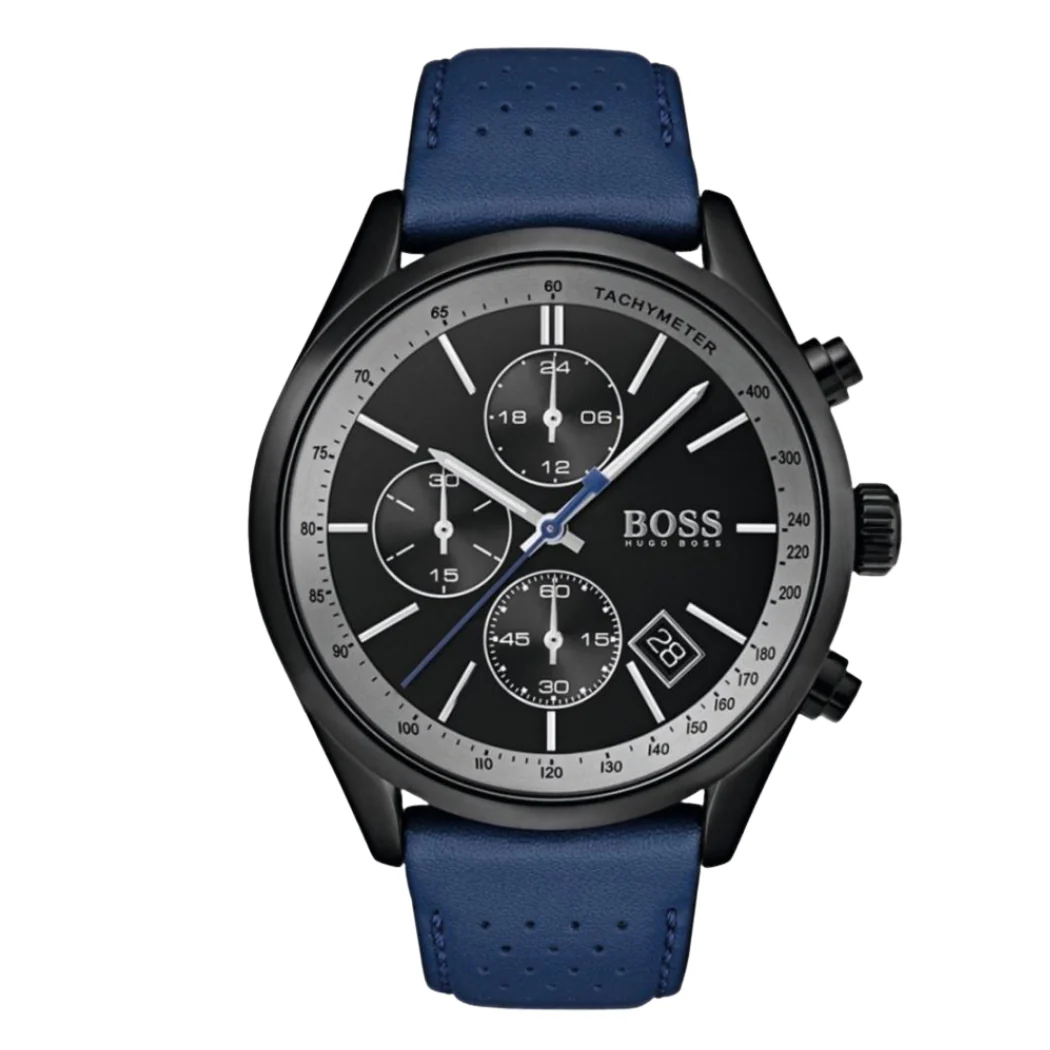 Hugo Boss Blue Leather Strap Black Dial Chronograph Quartz Watch for Gents - Hugo Boss 1513563