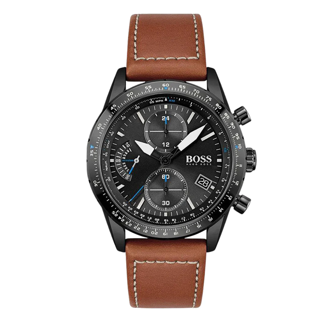 Hugo Boss Brown Leather Strap Black Dial Chronograph Quartz Watch for Gents - Hugo Boss 1513851