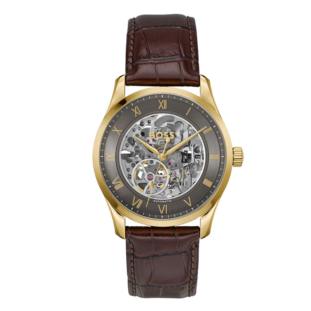 Hugo Boss Brown Leather Strap Grey Dial Automatic Watch for Gents - Hugo Boss 1514235
