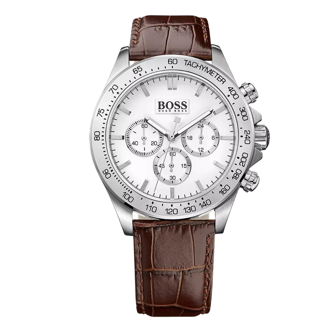 Hugo Boss Brown Leather Strap White Dial Chronograph Quartz Watch for Gents - Hugo Boss 1513175