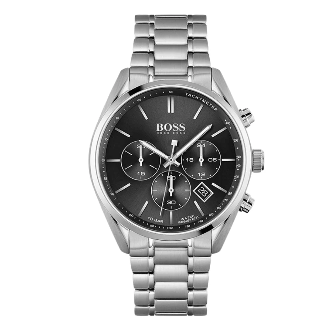 HUGO BOSS Champion Silver Stainless Steel Black Dial Chronograph Quartz Watch for Gents - 1513871