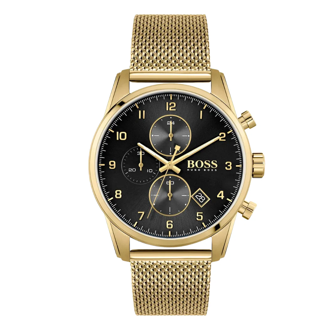 Hugo Boss Gold Mesh Bracelet Black Dial Chronograph Quartz Watch for Gents - Hugo Boss 1513838