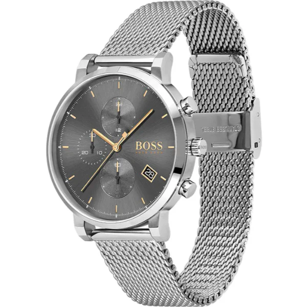 HUGO BOSS Integrity Silver Mesh Bracelet Black Dial Chronograph Quartz Watch for Gents - 1513807 - Image 2