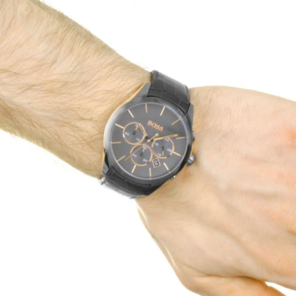 HUGO BOSS Onyx Grey Leather Strap Grey Dial Chronograph Quartz Watch for Gents - HUGO BOSS 1513366 - Image 3