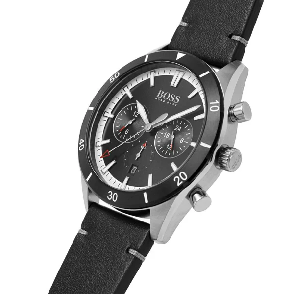 HUGO BOSS Santiago Black Leather Strap Black Dial Chronograph Quartz Watch for Gents - 1513864 - Image 2