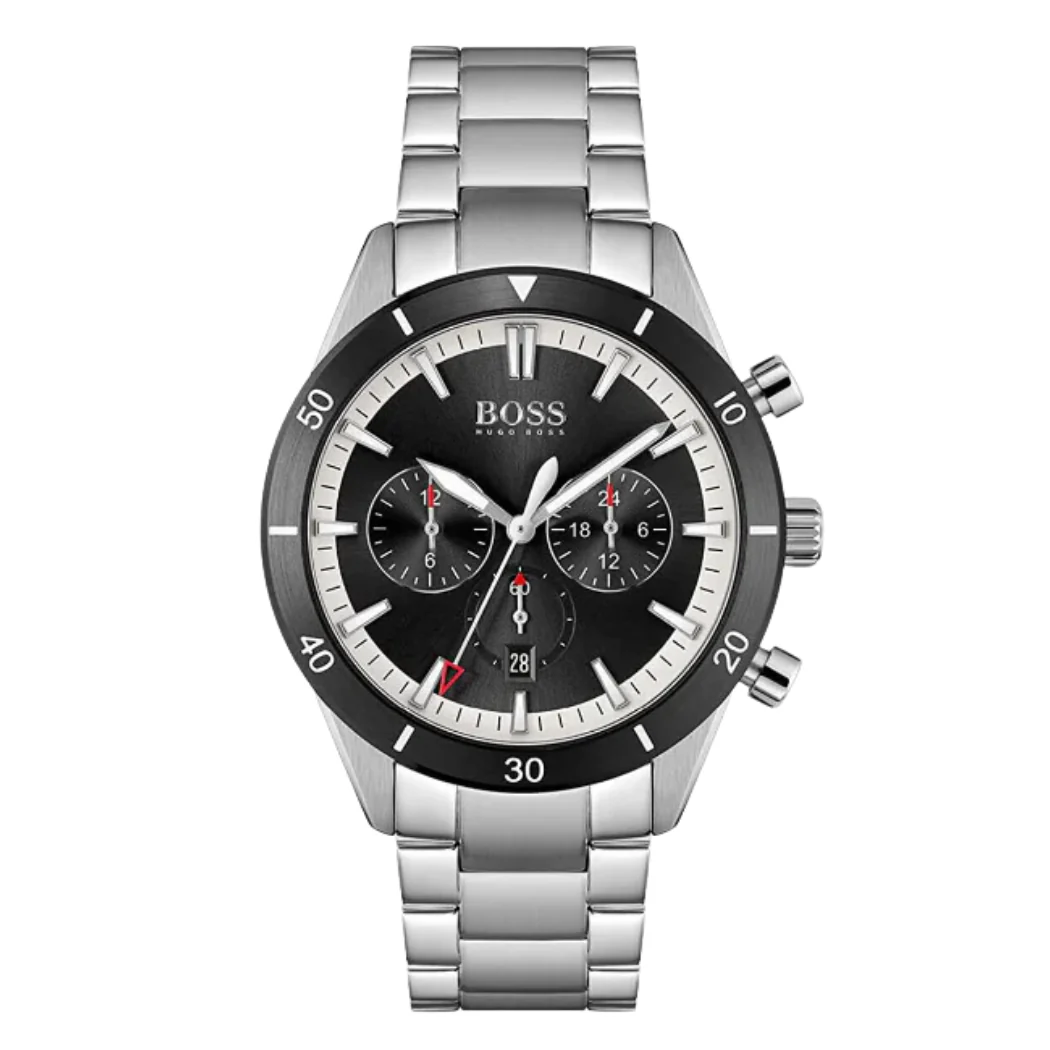 HUGO BOSS Santiago Silver Stainless Steel Black Dial Chronograph Quartz Watch for Gents - 1513862