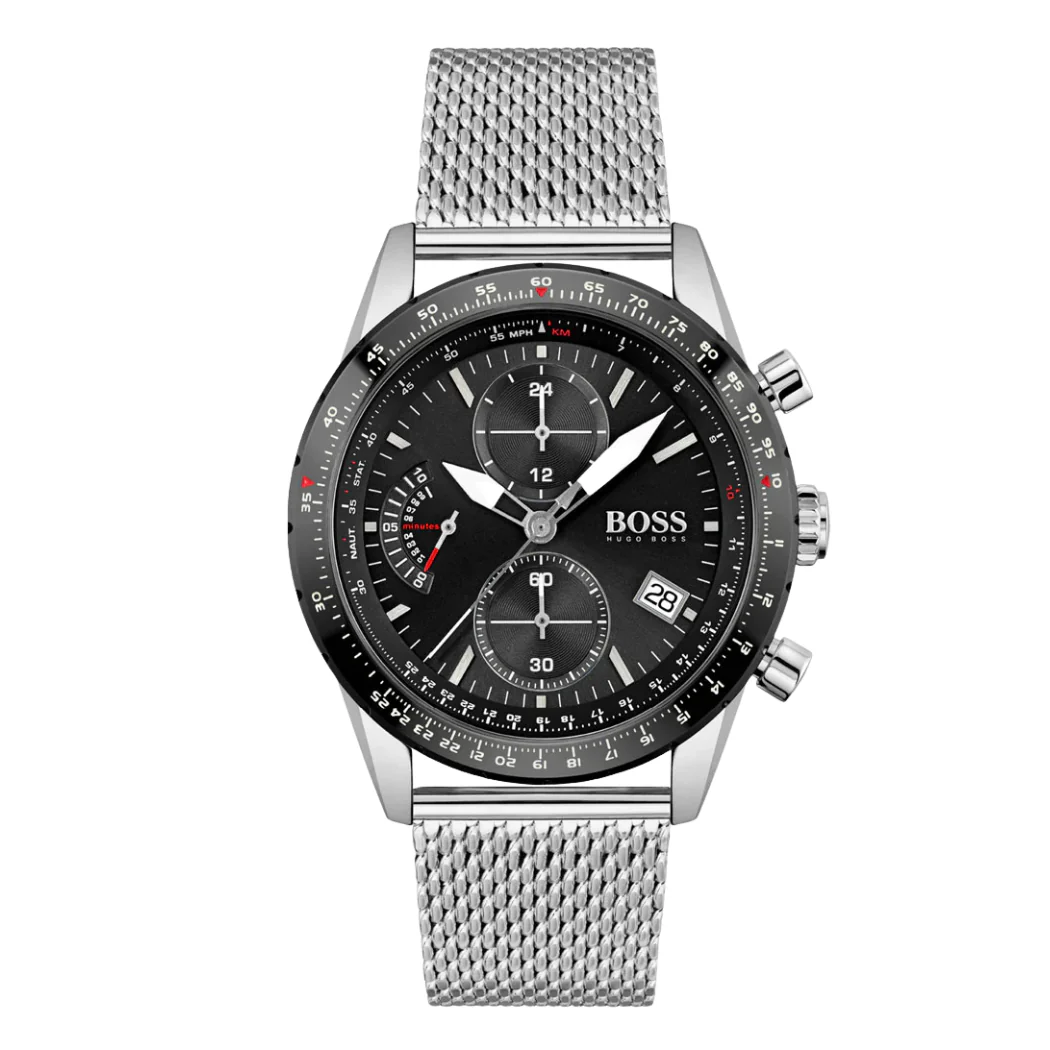 Hugo Boss Silver Mesh Bracelet Black Dial Chronograph Quartz Watch for Gents - Hugo Boss 1513886