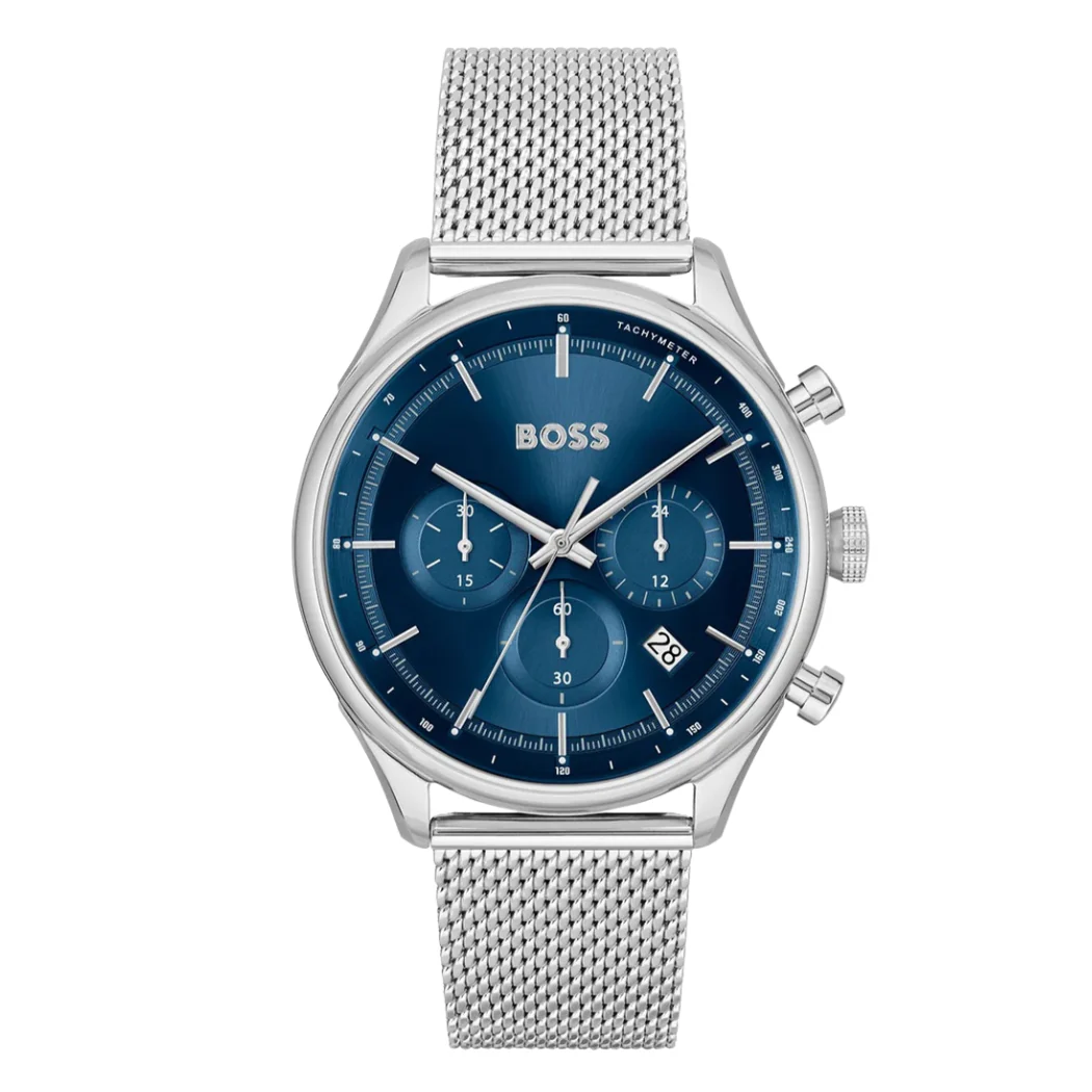 Hugo Boss Silver Mesh Bracelet Blue Dial Chronograph Quartz Watch for Gents - Hugo Boss 1514052