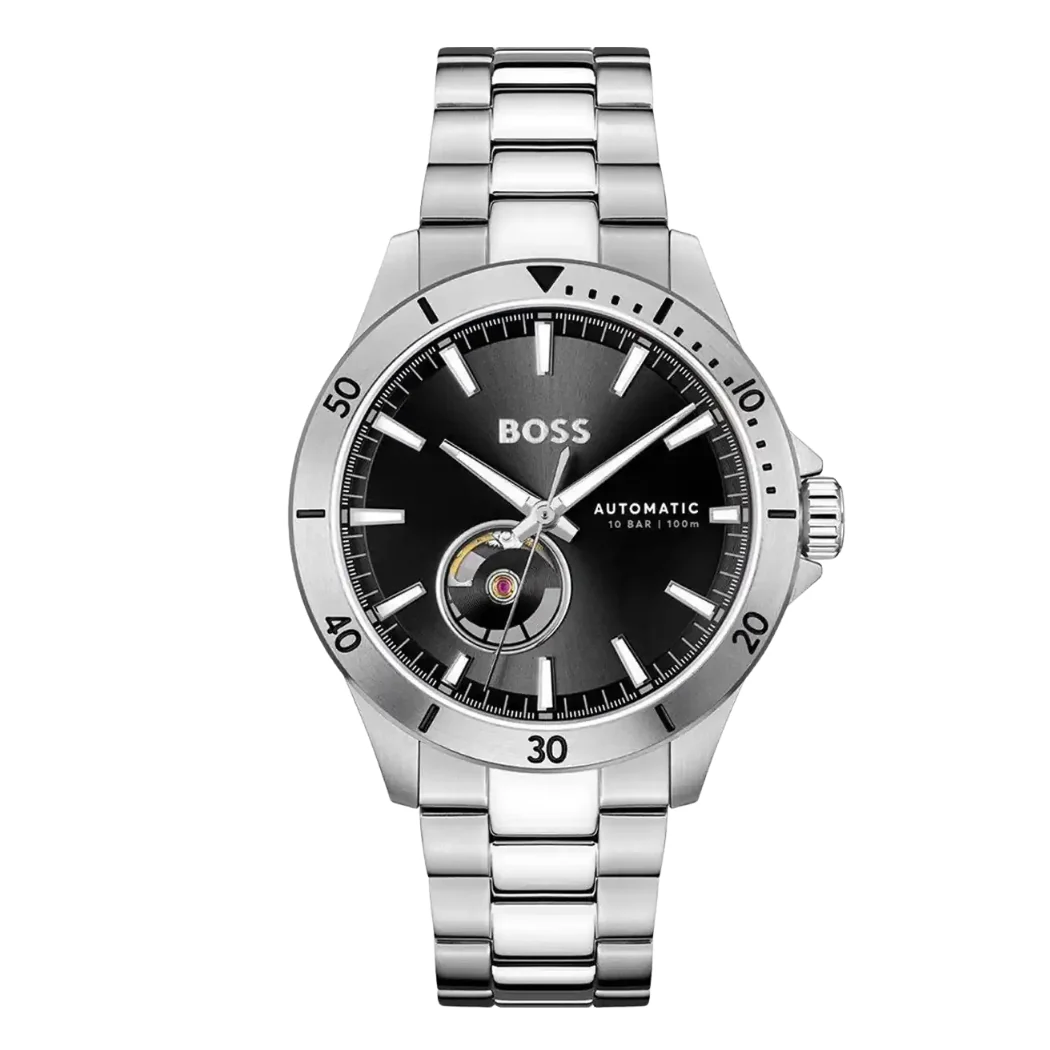 Hugo Boss Silver Stainless Steel Black Dial Automatic Watch for Gents - Hugo Boss 1514202