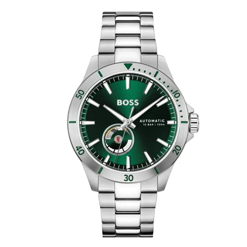 Hugo Boss Silver Stainless Steel Green Dial Automatic Watch for Gents - Hugo Boss 1514200