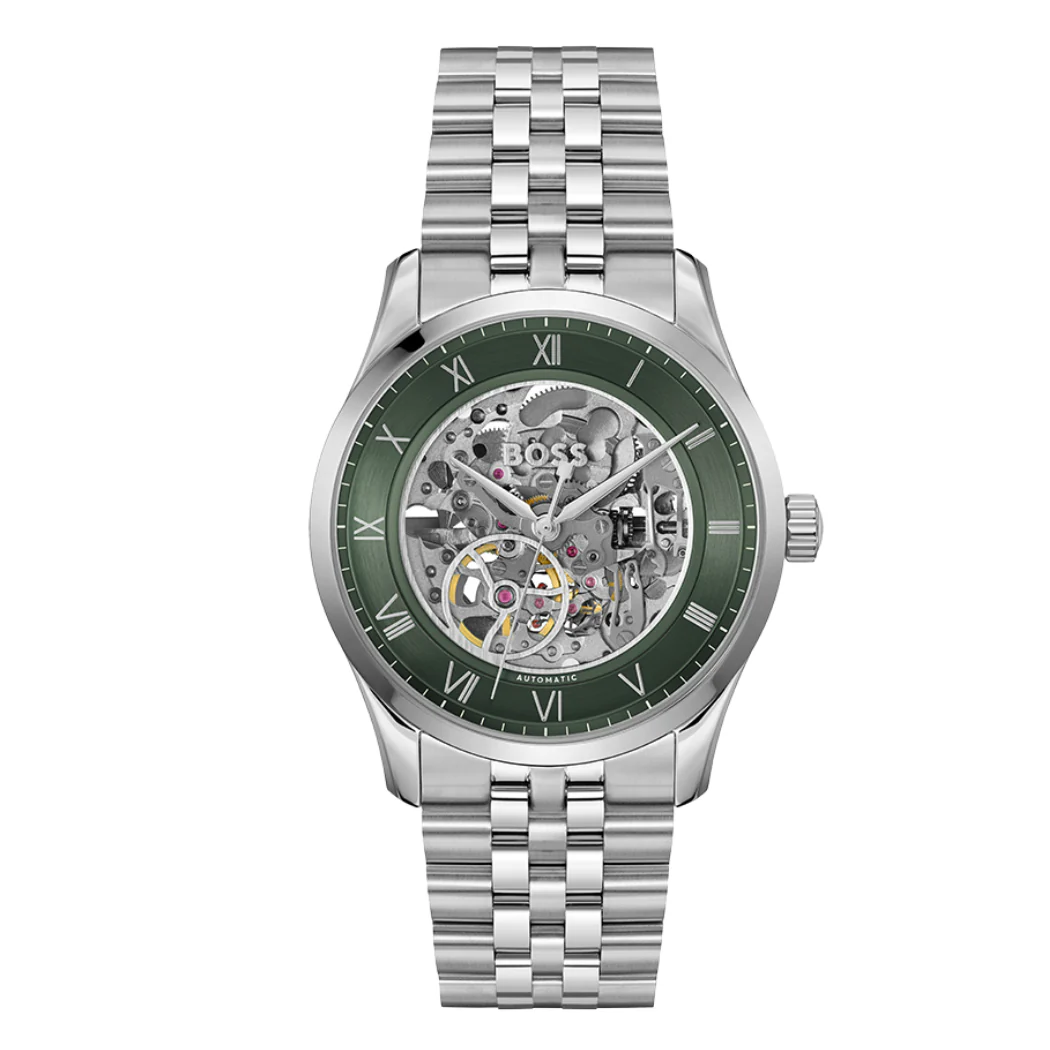 Hugo Boss Silver Stainless Steel Green Dial Automatic Watch for Gents - Hugo Boss 1514236