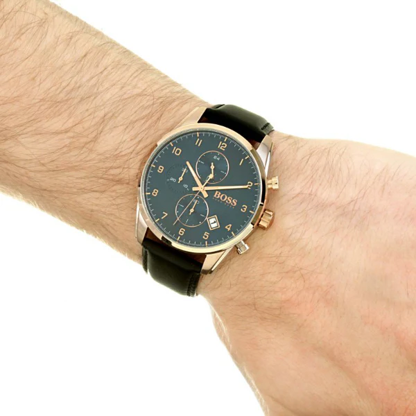 HUGO BOSS Skymaster Black Leather Strap Blue Dial Chronograph Quartz Watch for Gents - HUGO BOSS 1513783 - Image 2