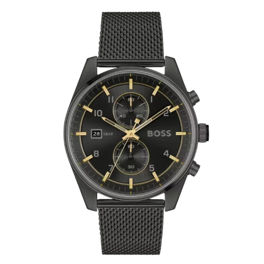 Hugo Boss Skytraveller Black Mesh Bracelet Black Dial Chronograph Quartz Watch for Gents - Boss 1514150