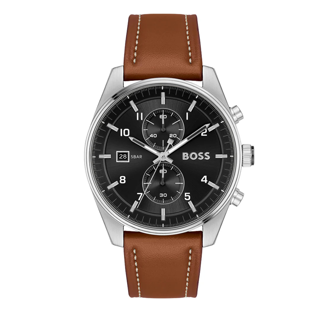 Hugo Boss Skytraveller Brown Leather Strap Black Dial Chronograph Quartz Watch for Gents - Boss 1514161