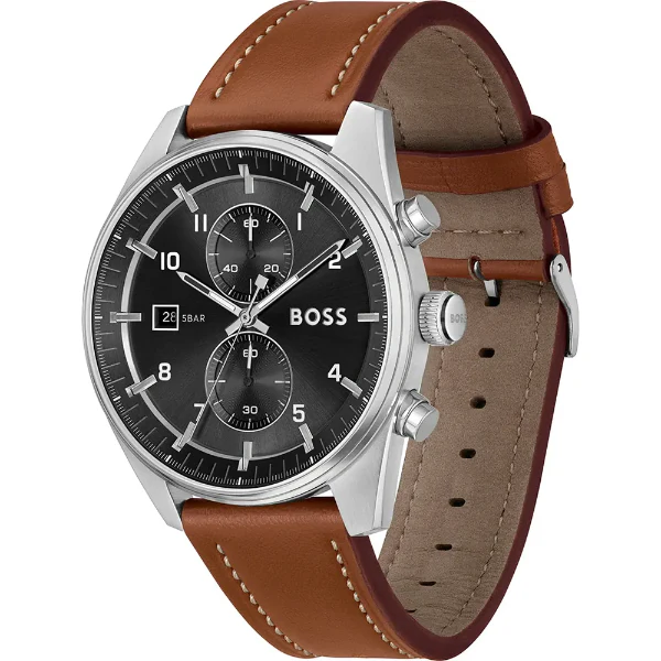 Hugo Boss Skytraveller Brown Leather Strap Black Dial Chronograph Quartz Watch for Gents - Boss 1514161 - Image 2