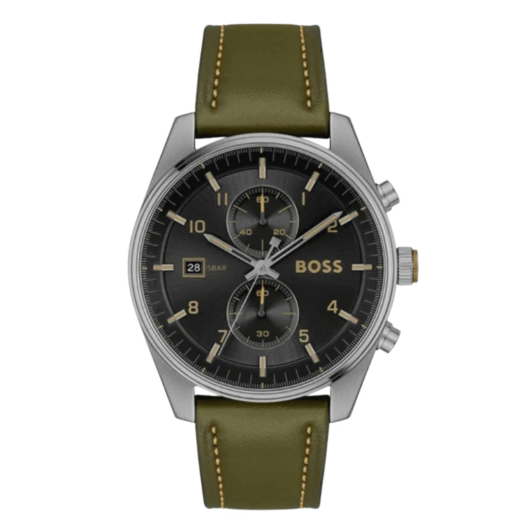 Hugo Boss Skytraveller Green Leather Strap Black Dial Chronograph Quartz Watch for Gents - Boss 1514148