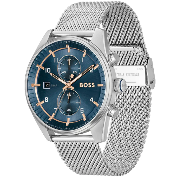 Hugo Boss Skytraveller Silver Mesh Bracelet Blue Dial Chronograph Quartz Watch for Gents - Boss 1514149 - Image 2