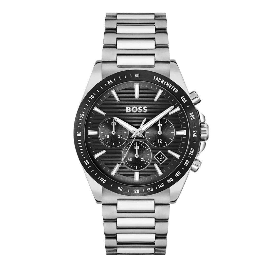 Hugo Boss Strike Chrono Silver Stainless Steel Black Dial Chronograph Quartz Watch for Gents - 1514290