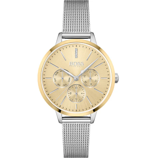 HUGO BOSS Symphony Silver Mesh Bracelet Gold Dial Quartz Watch for Ladies - 1502600