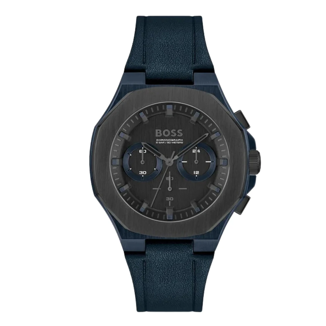 Hugo Boss Taper Blue Leather Strap Black Dial Chronograph Quartz Watch for Gents - 1514086