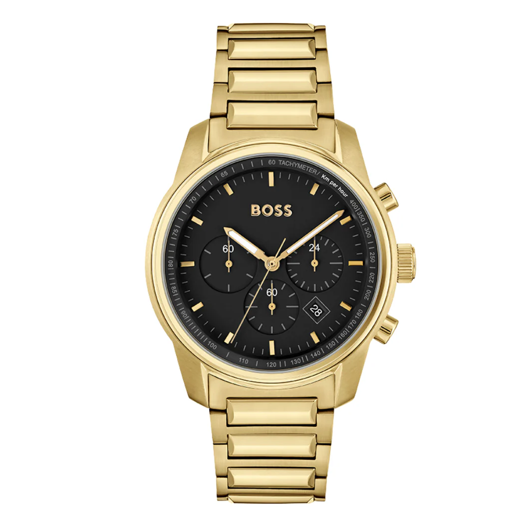 HUGO BOSS Trace Gold Stainless Steel Black Dial Chronograph Quartz Watch for Gents - 1514006
