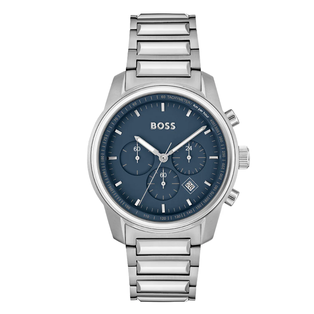 HUGO BOSS Trace Silver Stainless Steel Blue Dial Chronograph Quartz Watch for Gents - 1514007